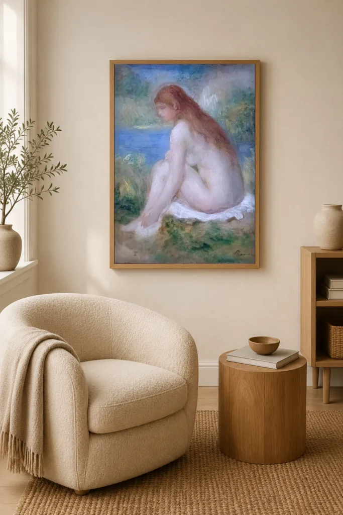 Framed print of Nude Woman Sitting hanging on a wall in a furnished room
