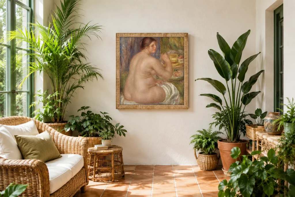 Framed print of Nude from the Back (Nu de dos) hanging on a wall in a furnished room