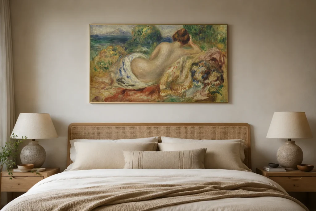 Framed print of Nude in a Landscape hanging on a wall in a furnished room