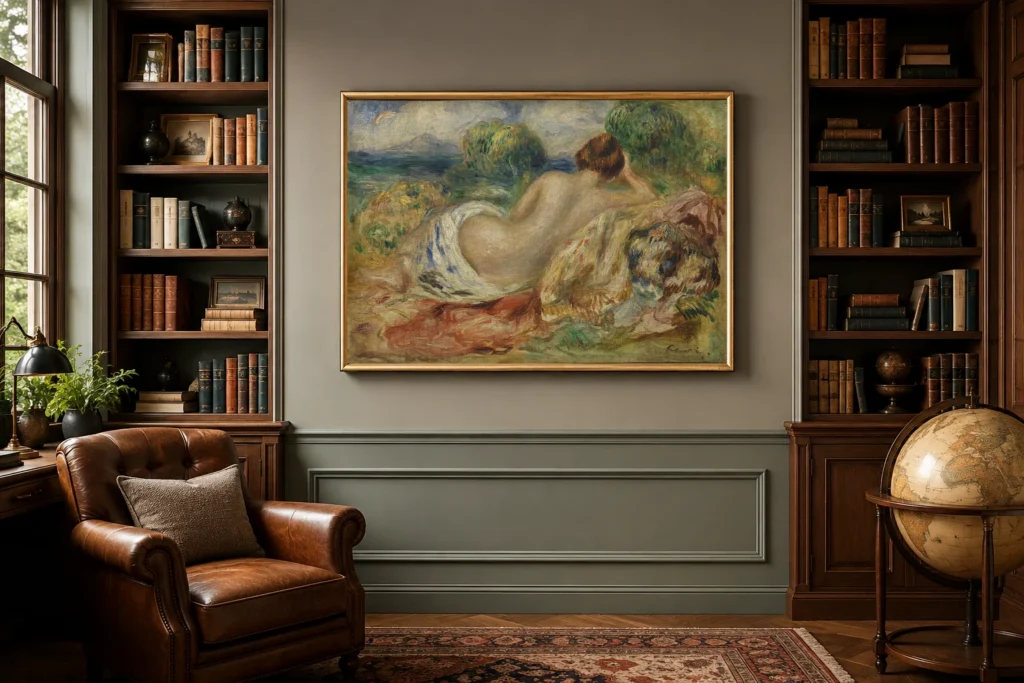 Framed print of Nude in a Landscape hanging on a wall in a furnished room