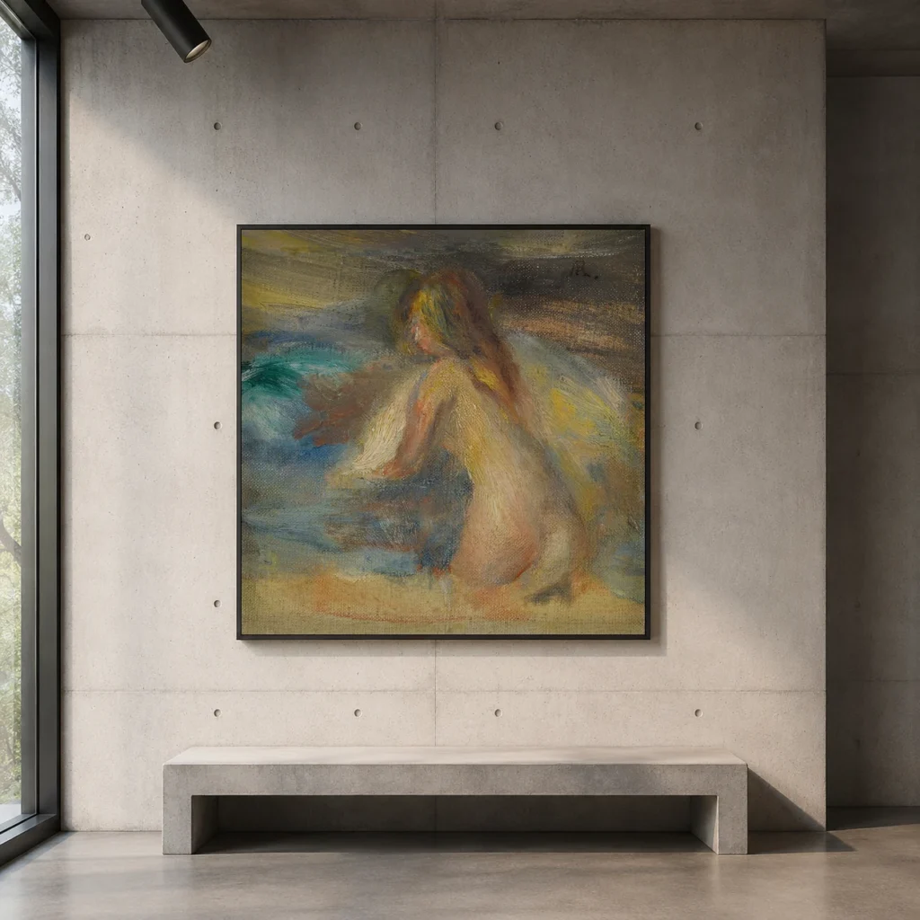 Framed print of Nude in a landscape, sketch hanging on a wall in a furnished room