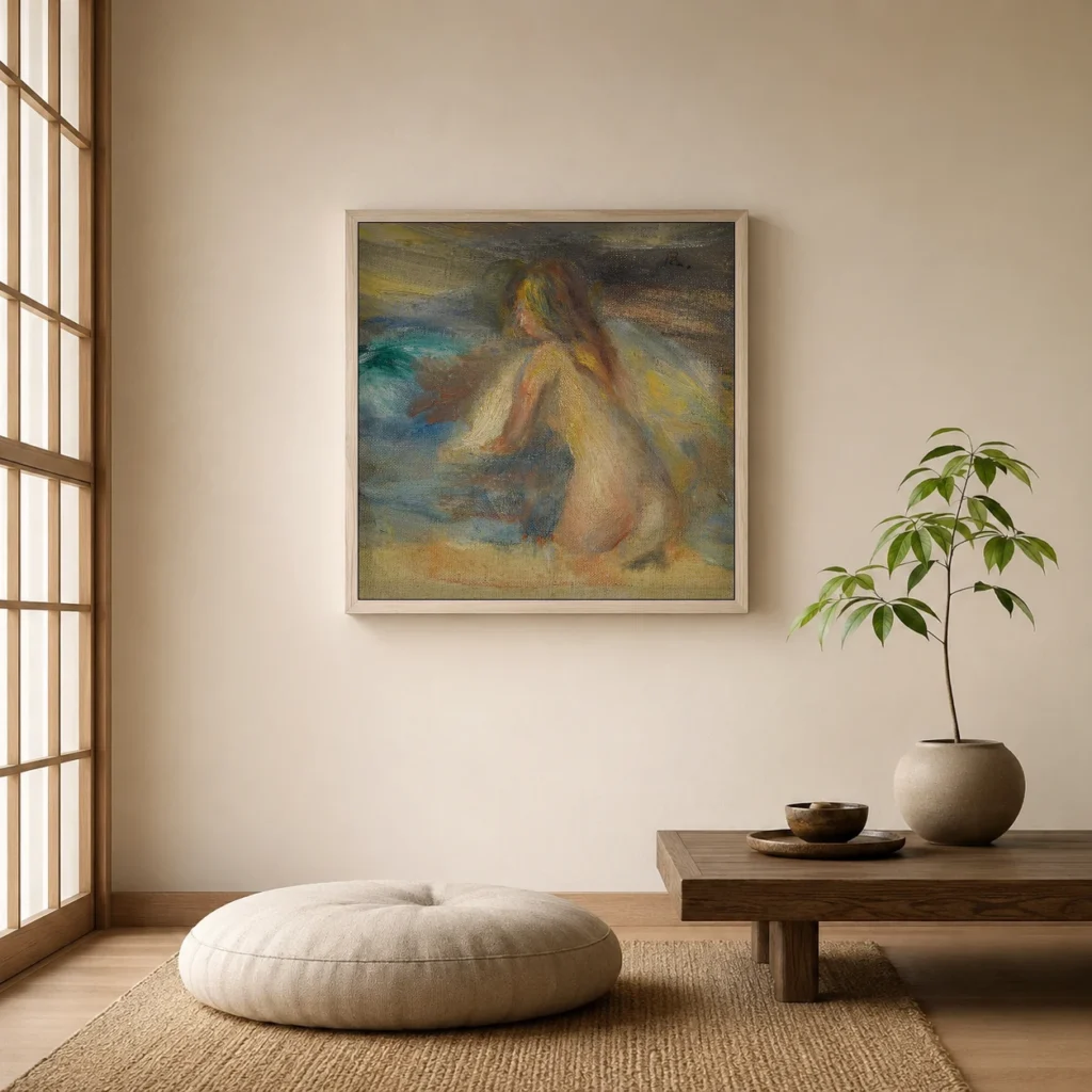 Framed print of Nude in a landscape, sketch hanging on a wall in a furnished room