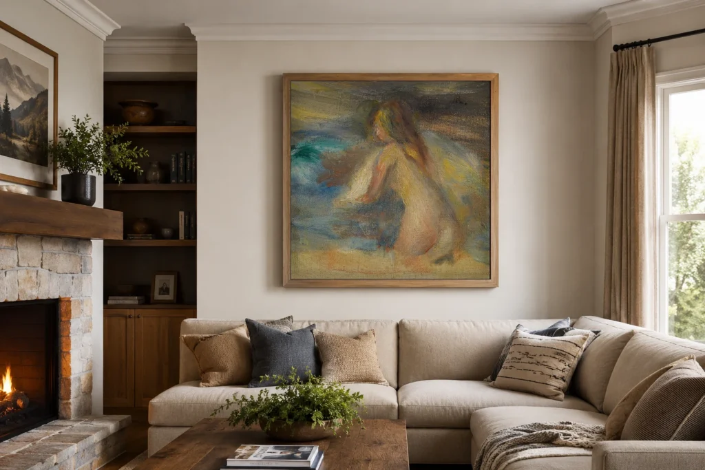 Framed print of Nude in a landscape, sketch hanging on a wall in a furnished room