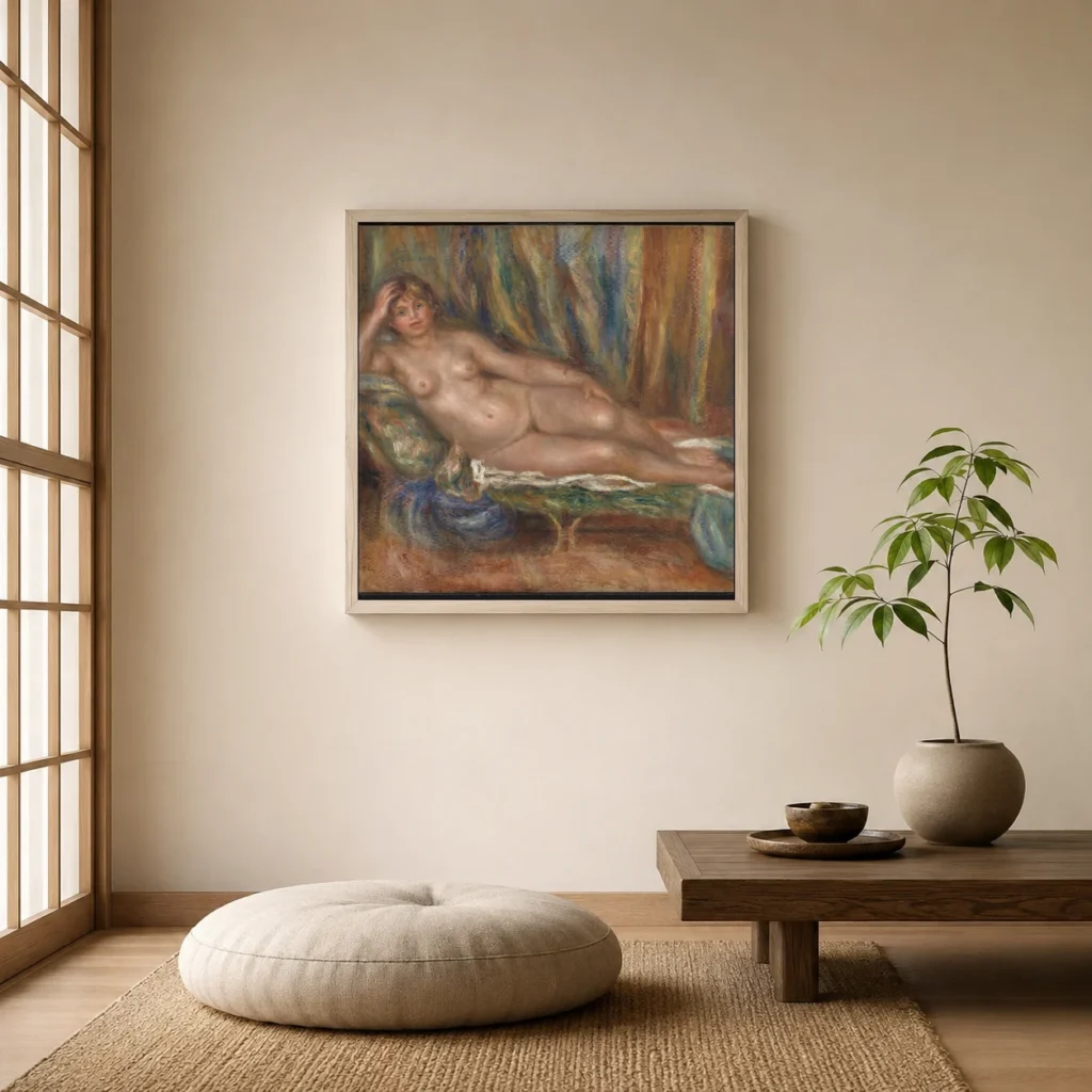 Framed print of Nude on a Couch hanging on a wall in a furnished room