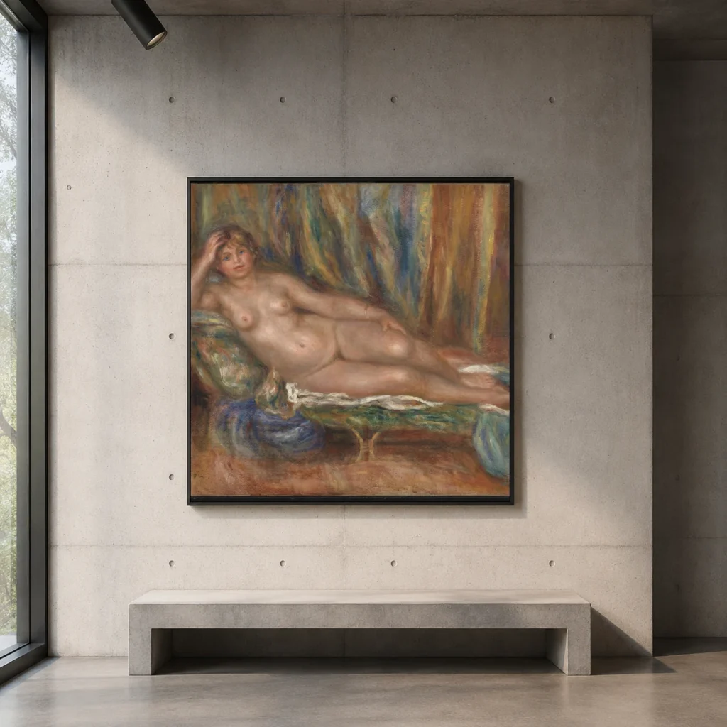 Framed print of Nude on a Couch hanging on a wall in a furnished room