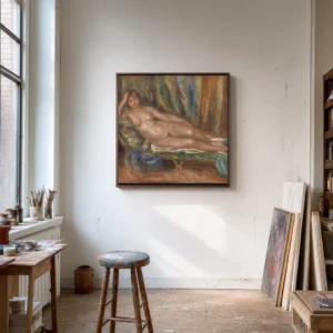 Framed print of Nude on a Couch hanging on a wall in a furnished room
