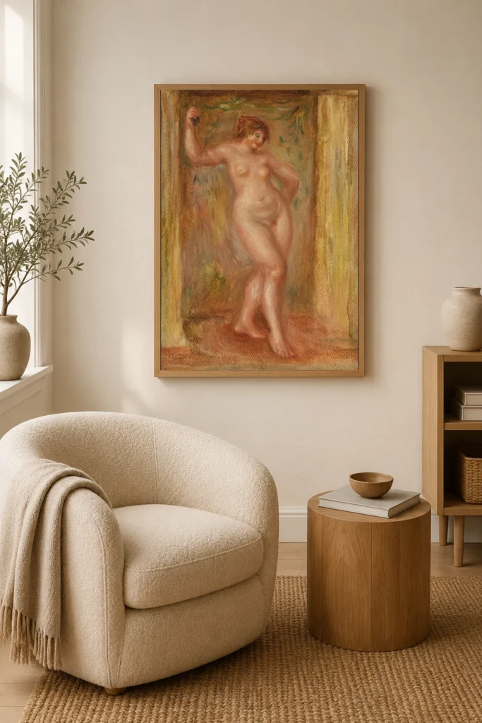 Framed print of Nude with Castanets hanging on a wall in a furnished room