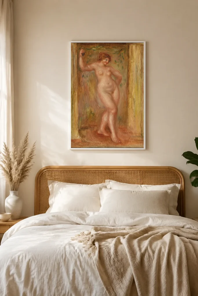 Framed print of Nude with Castanets hanging on a wall in a furnished room