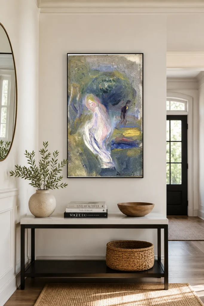 Framed print of Nude with Figure in Background hanging on a wall in a furnished room