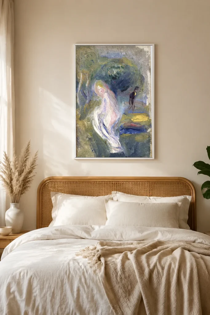 Framed print of Nude with Figure in Background hanging on a wall in a furnished room