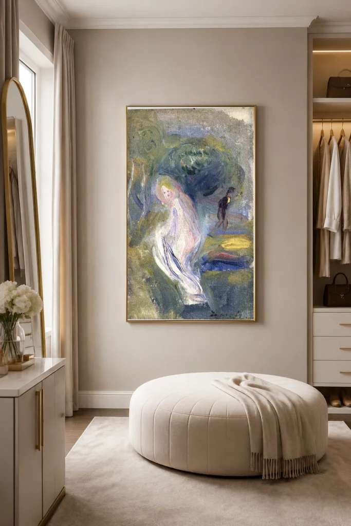 Framed print of Nude with Figure in Background hanging on a wall in a furnished room