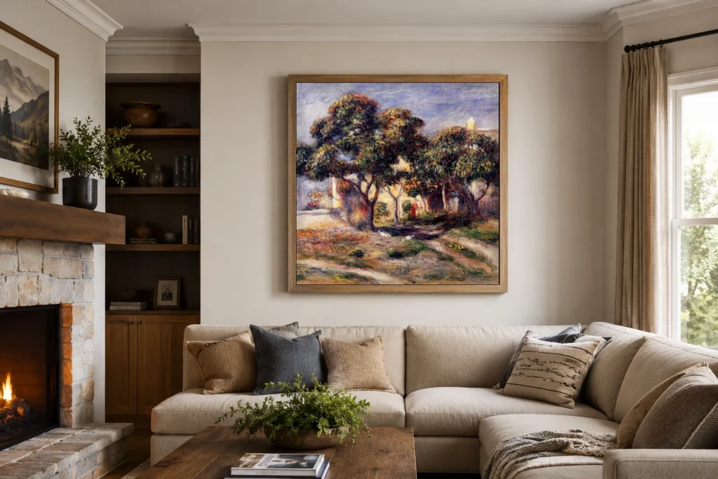 Framed print of Medlars, Cagnes hanging on a wall in a furnished room