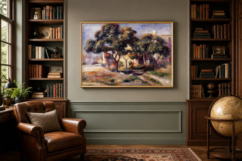 Framed print of Medlars, Cagnes hanging on a wall in a furnished room