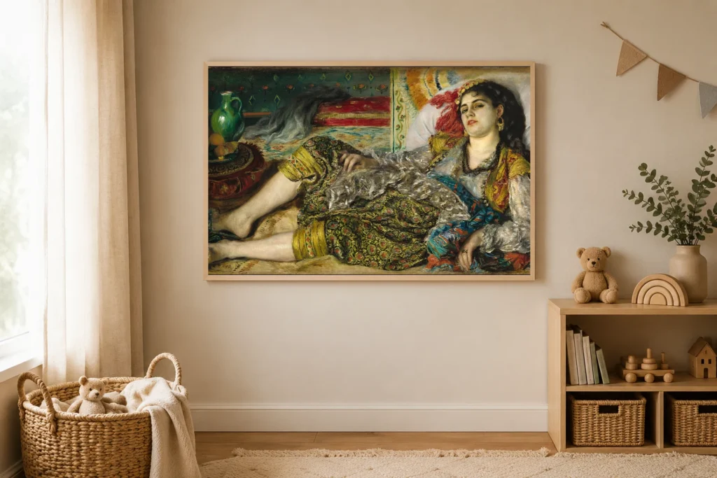 Framed print of Odalisque hanging on a wall in a furnished room