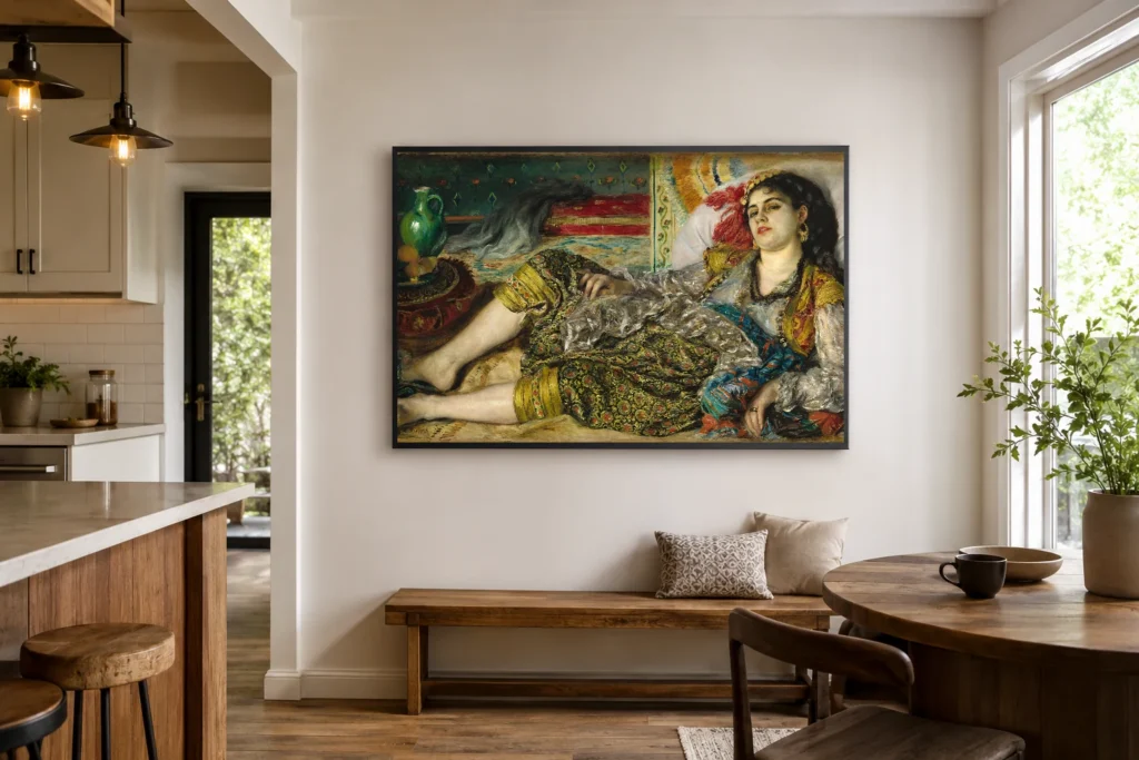 Framed print of Odalisque hanging on a wall in a furnished room
