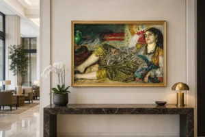 Framed print of Odalisque hanging on a wall in a furnished room