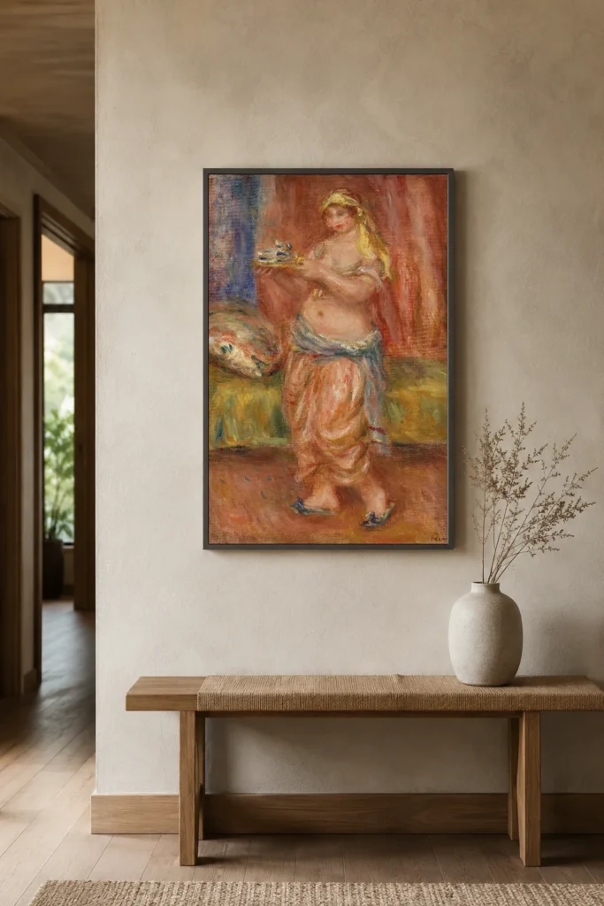 Framed print of Odalisque with Tea Set hanging on a wall in a furnished room