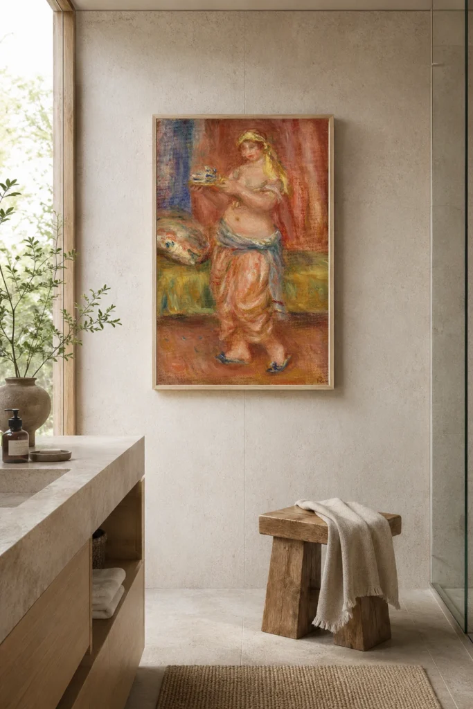 Framed print of Odalisque with Tea Set hanging on a wall in a furnished room