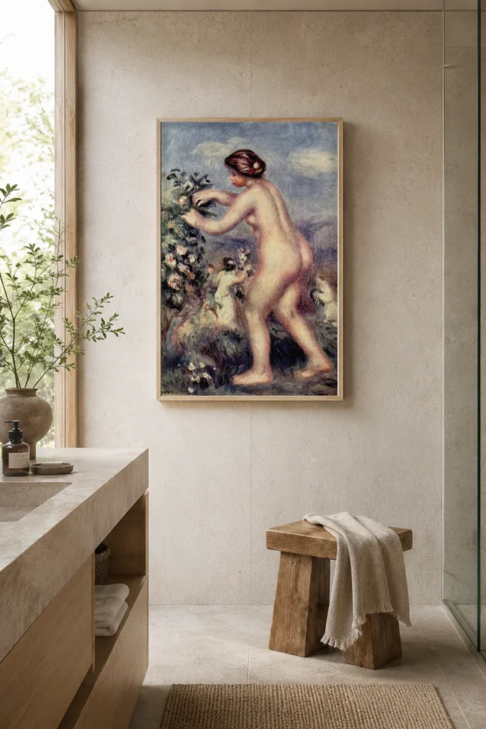 Framed print of Ode to Flowers hanging on a wall in a furnished room