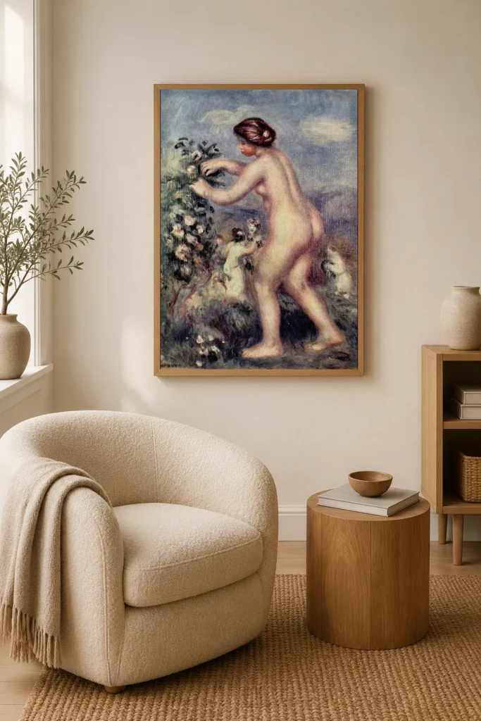 Framed print of Ode to Flowers hanging on a wall in a furnished room