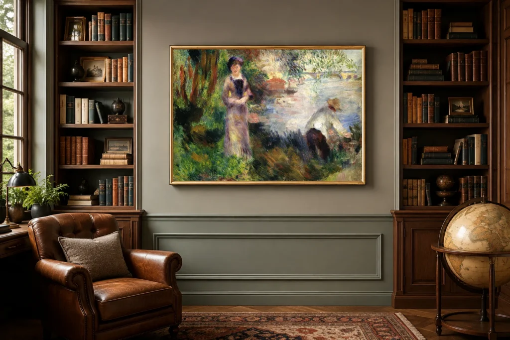 Framed print of On Chatou Island hanging on a wall in a furnished room