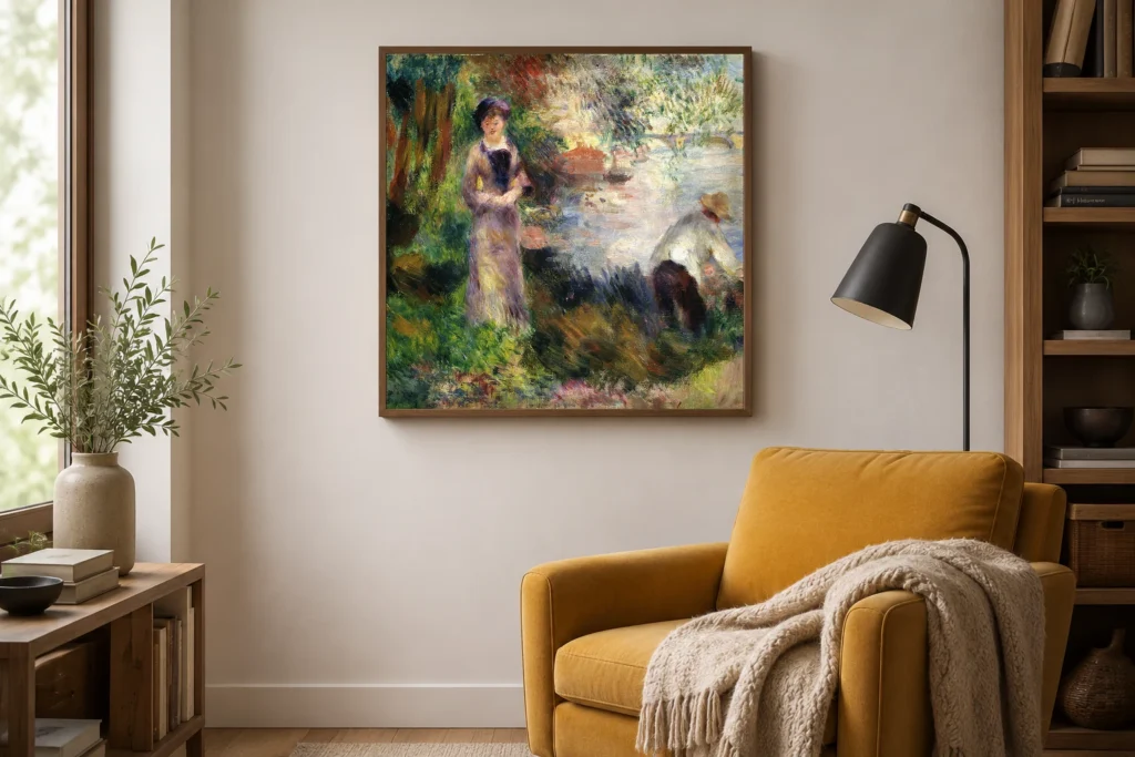 Framed print of On Chatou Island hanging on a wall in a furnished room