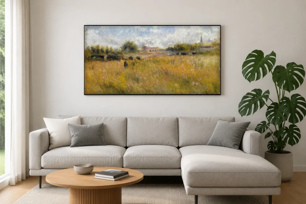 Framed print of On the Banks of the Seine at Rueil hanging on a wall in a furnished room