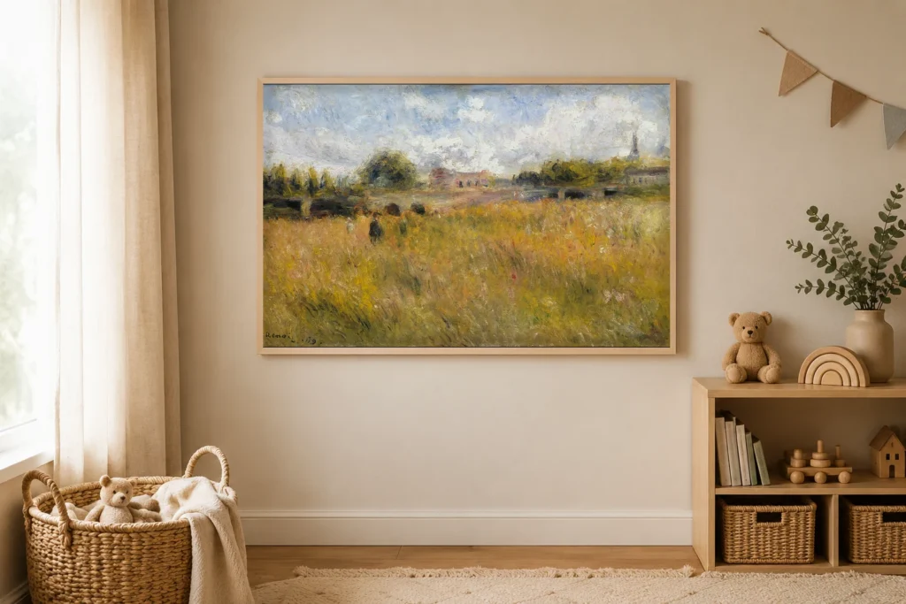 Framed print of On the Banks of the Seine at Rueil hanging on a wall in a furnished room