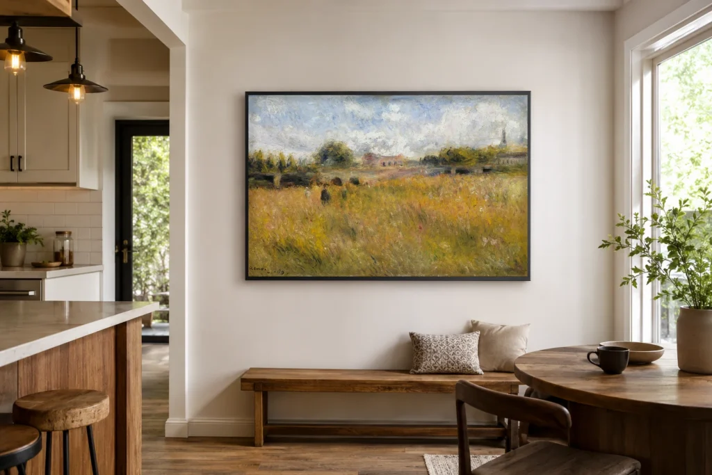 Framed print of On the Banks of the Seine at Rueil hanging on a wall in a furnished room
