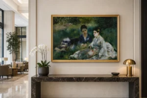 Framed print of On the Grass (Jeunes femmes assises dans l’herbe) hanging on a wall in a furnished room