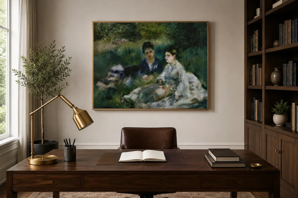 Framed print of On the Grass (Jeunes femmes assises dans l’herbe) hanging on a wall in a furnished room