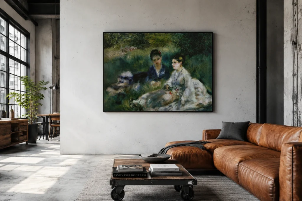 Framed print of On the Grass (Jeunes femmes assises dans l’herbe) hanging on a wall in a furnished room