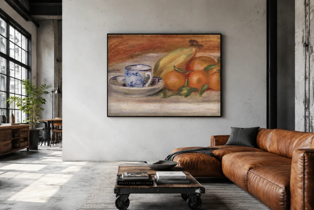 Framed print of Oranges, Bananas, and Teacup (Oranges, bananes et tasse de thé) hanging on a wall in a furnished room
