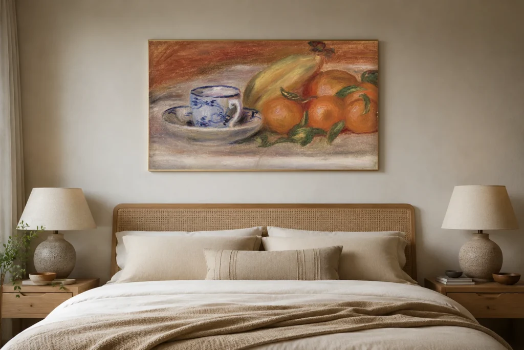 Framed print of Oranges, Bananas, and Teacup (Oranges, bananes et tasse de thé) hanging on a wall in a furnished room