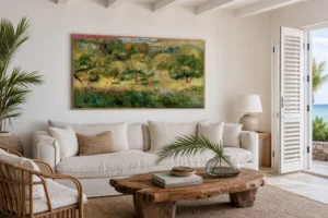 Framed print of Edge of the Forest in Brittany hanging on a wall in a furnished room