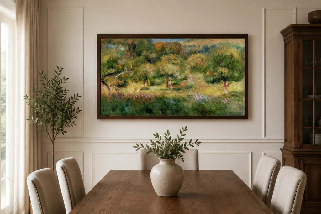 Framed print of Edge of the Forest in Brittany hanging on a wall in a furnished room