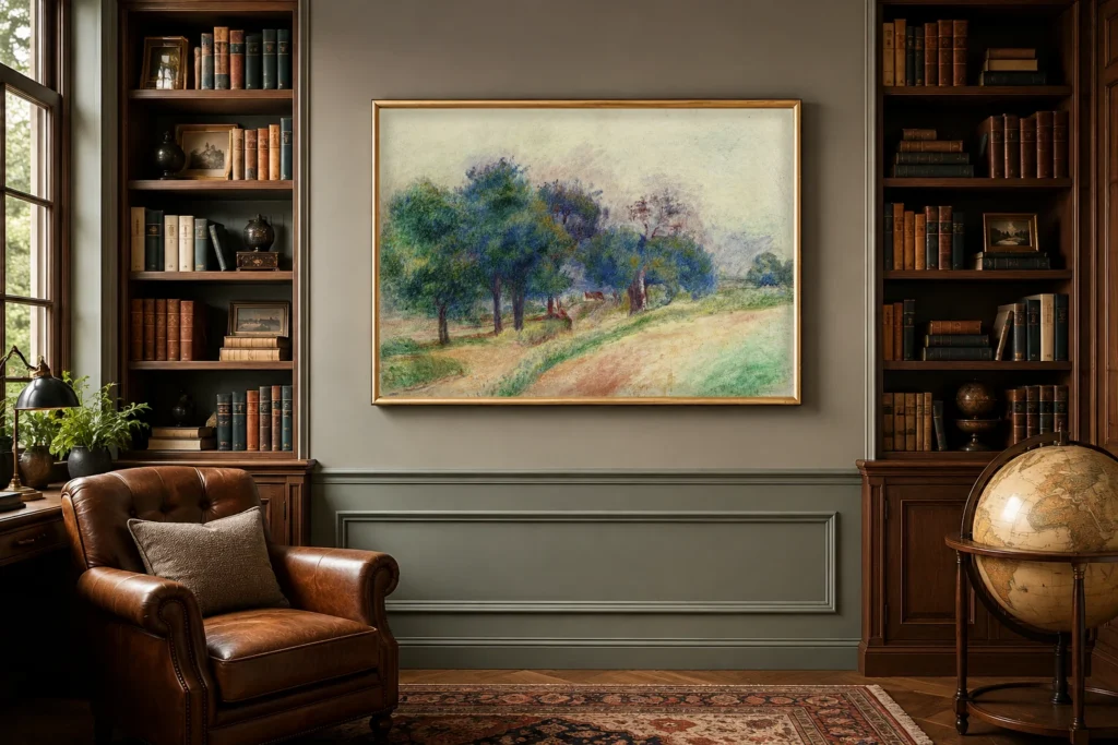 Framed print of Landscape of Issoyes hanging on a wall in a furnished room