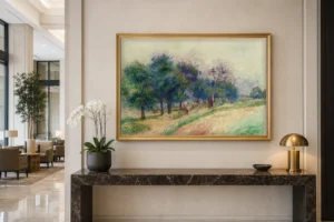 Framed print of Landscape of Issoyes hanging on a wall in a furnished room