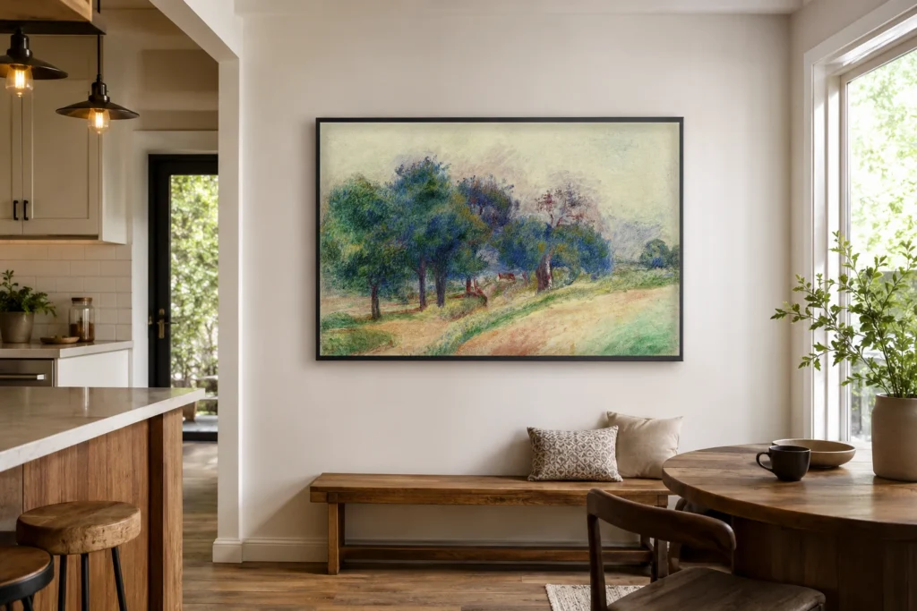 Framed print of Landscape of Issoyes hanging on a wall in a furnished room