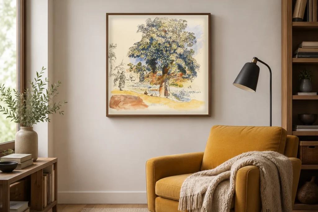 Framed print of Landscape of the South hanging on a wall in a furnished room