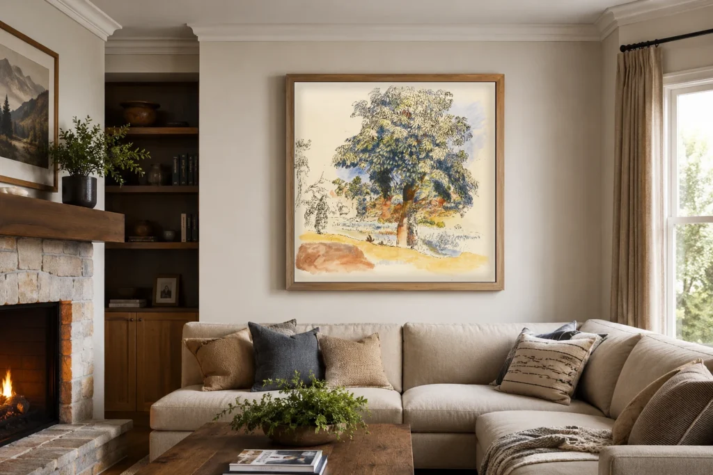 Framed print of Landscape of the South hanging on a wall in a furnished room