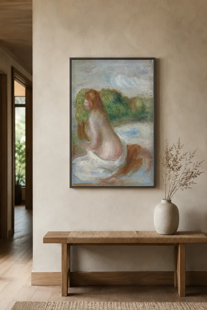 Framed print of Little Bather, Sketch hanging on a wall in a furnished room