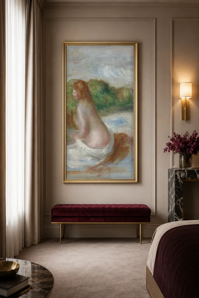 Framed print of Little Bather, Sketch hanging on a wall in a furnished room