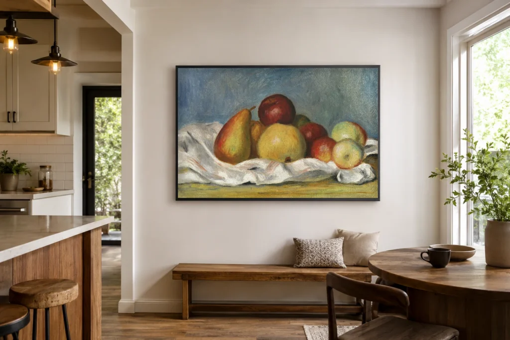 Framed print of Pears and Apples hanging on a wall in a furnished room