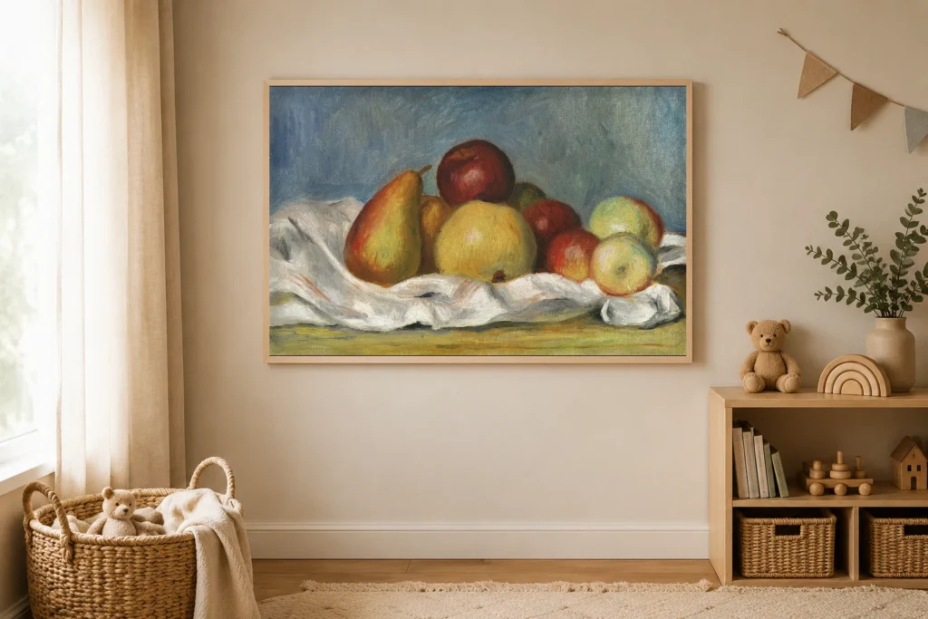 Framed print of Pears and Apples hanging on a wall in a furnished room
