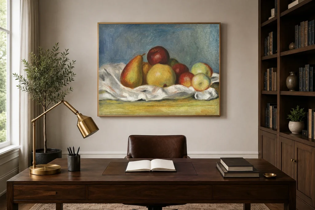 Framed print of Pears and Apples hanging on a wall in a furnished room