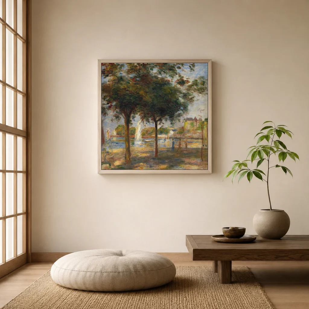Framed print of The Port of Pornic (The White Sail) hanging on a wall in a furnished room