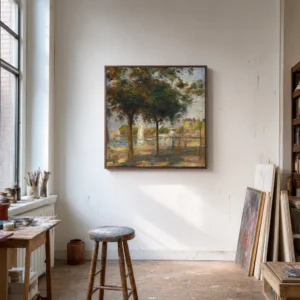 Framed print of The Port of Pornic (The White Sail) hanging on a wall in a furnished room
