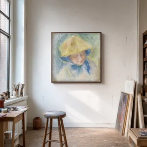 Framed print of Portrait of a Woman in a Straw Hat (Madame Clapisson) hanging on a wall in a furnished room