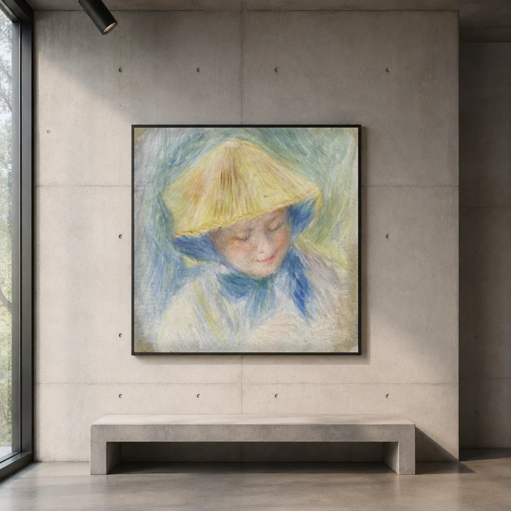 Framed print of Portrait of a Woman in a Straw Hat (Madame Clapisson) hanging on a wall in a furnished room
